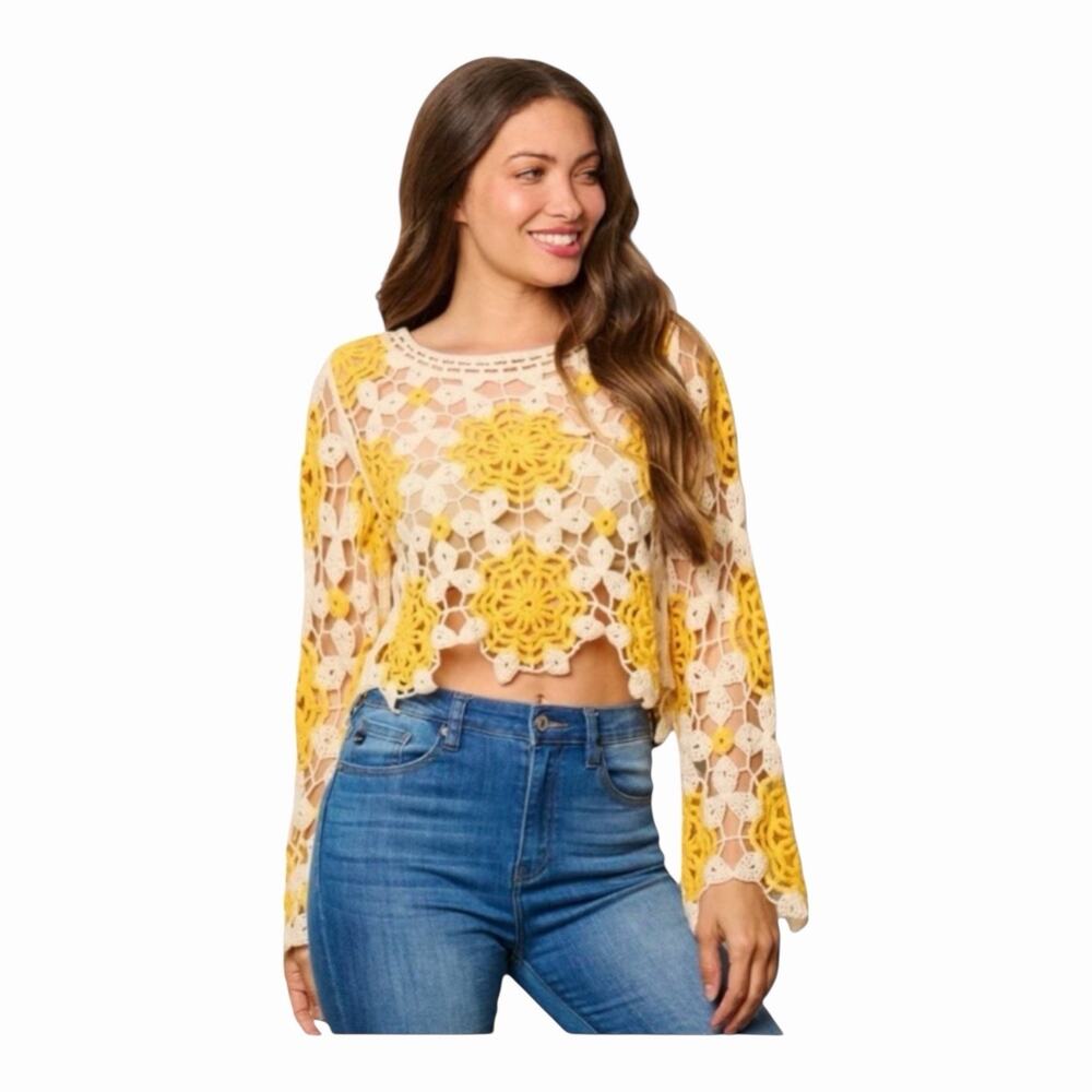 Available Crochet Floral Crop Top One Size Yellow Ivory Bell Sleeve Boho NWT